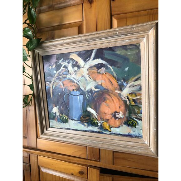 “Autumn Harvest Oil Painting – Signed Van Wall Still Life, Pumpkins & Gourds, - Picture 6 of 10